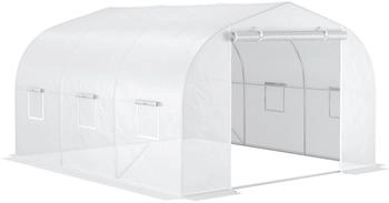 Outsunny Gartentunnel Abm. 3,5L x 3l x 2H m T&uuml;r + 6 aufrollbare Fenster Verzinkter Stahl PE-Plane Hohe Dichte Wei&szlig; (845-417)