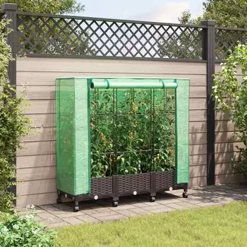 vidaXL Gartenplanter mit Gew&auml;chshausabdeckung und R&auml;dern, braun, 3er-Set (3423061)