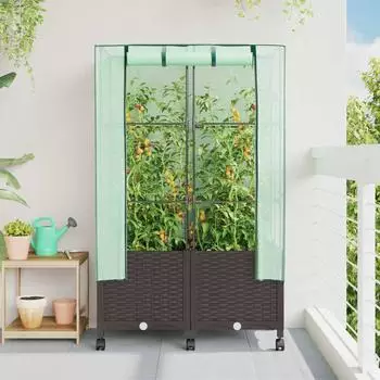 vidaXL Gartenplanter mit Gew&auml;chshausabdeckung und R&auml;dern, 2 Stk., braun (3422979)