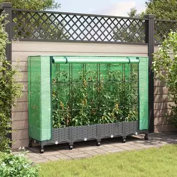 vidaXL Gartenplanter mit Gew&auml;chshausabdeckung und R&auml;dern, PP, 4er-Set (3423141)