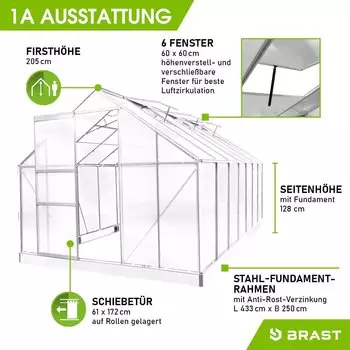 Brast Aluminium-Gewächshaus 450 x 250 x 205 cm silber – Hochwertige Materialien und durchdachte Konstruktion