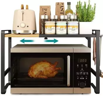 Songmics Mikrowellen-Regal ausziehbar, Stahl & Bambus, 41,5–64cm, 4 Haken (KCS060B01)