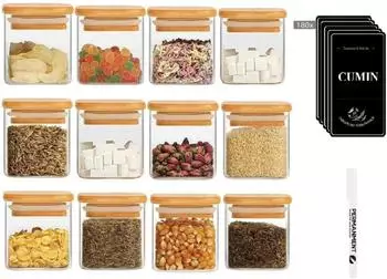 LuxusKollektion Gew&uuml;rzgl&auml;ser Set 12er, 120ml, Bambusdeckel mit Etiketten