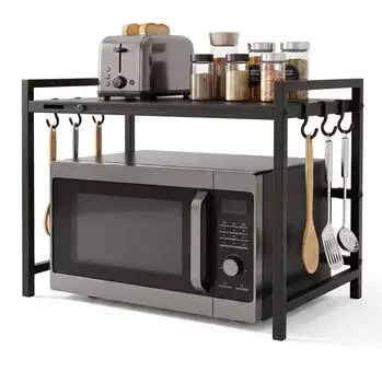 Relaxdays Mikrowellenregal ausziehbar, mit Haken, schwarz (43,5x32-65x40cm)