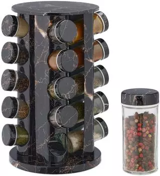 Relaxdays Gewürzkarussell drehbar, 20 Gläser, Marmoroptik, schwarz (10043680)