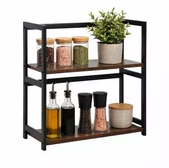 Relaxdays K&uuml;chenregal Arbeitsplatte 2 Ebenen 43x42x18cm, Industriestil, braun/schwarz