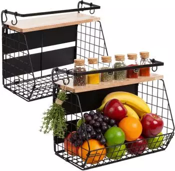 Relaxdays Obstkorb Wandregal magnetisch 2er-Set, Metall, schwarz/natur (10051800_470)