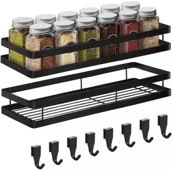 LuxusKollektion Gewürzregal Wand, Metall, schwarz, 2 Etagen, 8 Haken