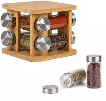 Relaxdays Gew&uuml;rzkarussell mit 8 Gew&uuml;rzgl&auml;sern, Bambus/Glas