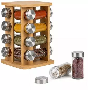 Relaxdays Gew&uuml;rzkarussell mit 16 Gew&uuml;rzgl&auml;sern, Bambus/Glas, 17x27x17cm