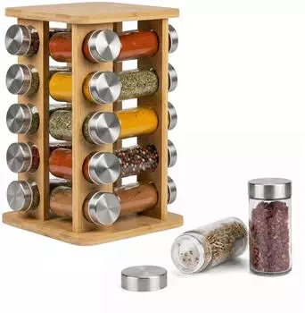 Relaxdays Gewürzkarussell mit 20 Gewürzgläsern, Bambus/Glas, 17x32x17cm