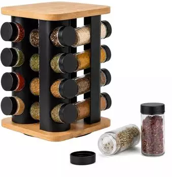 Relaxdays Gewürzkarussell 360° drehbar, 16 Gläser, Bambus/Edelstahl, 28cm