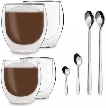 Feelino DUOS Jumbo doppelwandiges Thermoglas 2x 310ml & 410ml Edelstahl-Löffel Transparent