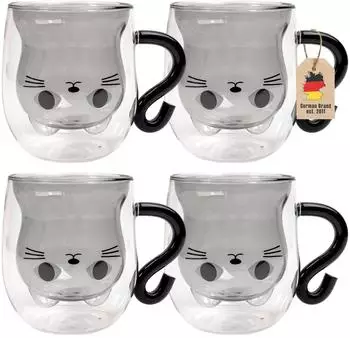 Intirilife Thermo-Glas doppelwandig Katzendesign schwarz 200ml (IL-101255-4)