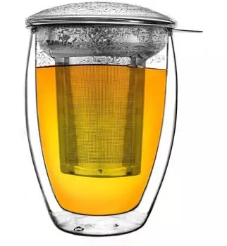 Creano Doppelwandiges Teeglas mit Edelstahlfilter und Glasdeckel 400ml (093)
