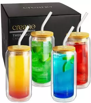 Creano Doppelwandige Trinkgläser mit Bambusdeckel & Strohhalm 360ml, 4er-Set (632)