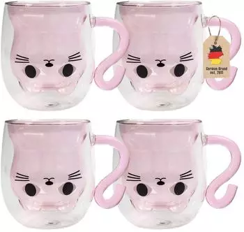 Intirilife Thermo-Glas doppelwandig Katzen-Design rosa 200ml (4er-Set)