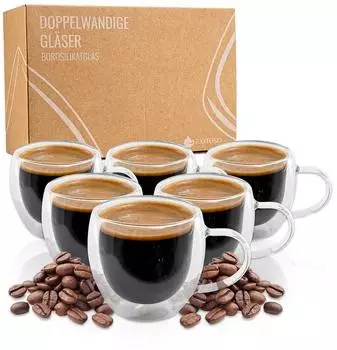 DS Produkte Doppelwandige Espressogl&auml;ser mit Henkel, Borosilikatglas, 80ml, 6er-Set