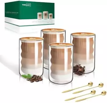 LuxusKollektion Latte-Macchiato-Gl&auml;ser doppelwandig 400ml, Borosilikatglas, 4er-Set mit L&ouml;ffeln