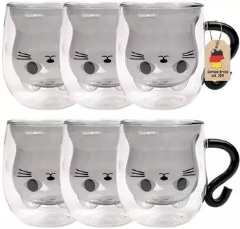 Intirilife Thermo-Glas doppelwandig Katzen-Design schwarz 200ml, 6er-Set