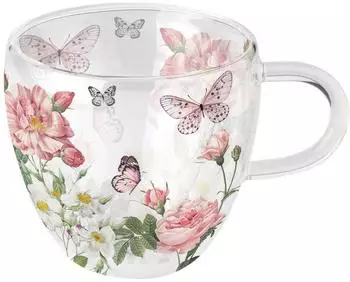 Ambiente Tasse 10cm doppelwandiges Glas 0,2L Rosen & Schmetterling Motiv (8712159212884)