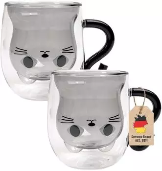 Intirilife Thermo-Glas doppelwandig, Katzendesign, schwarz, 200ml (IL-101255-2)