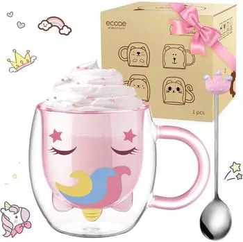 LuxusKollektion Einhorn Latte-Macchiato-Glas doppelwandig 280ml mit Löffel