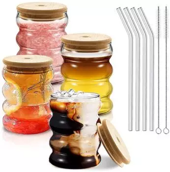 LuxusKollektion Bubble Gläser Set 4er 350ml mit Deckel & Strohhalm, Borosilikatglas