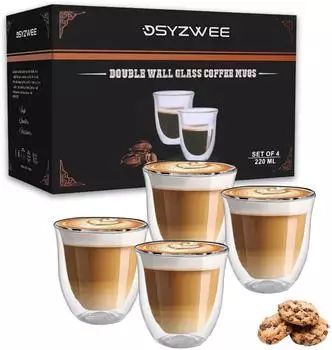 LuxusKollektion Doppelwandige Kaffeegläser 4er-Set, Borosilikatglas, 220ml