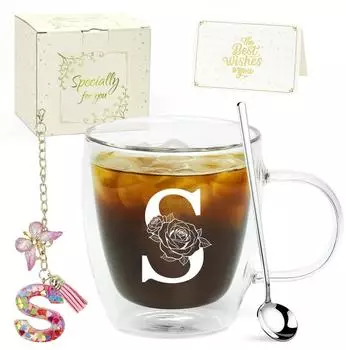 LuxusKollektion Latte-Macchiato-Glas doppelwandig mit Initiale, Geschenkset mit Löffel