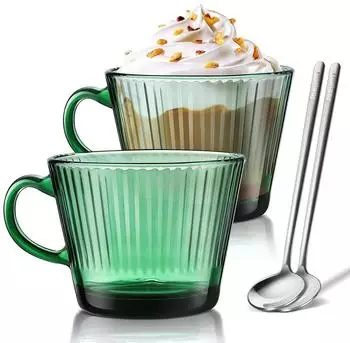 LuxusKollektion Latte Macchiato Gläser 2er-Set, grün gerippt, 450ml, mit Löffel