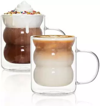 LuxusKollektion Latte-Macchiato-Glas Bubble doppelwandig mit Griff, Borosilikatglas, 330ml, 2er-Set
