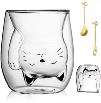 LuxusKollektion Doppelwandiger Glasbecher Katzenmotiv 200ml mit Löffel und Gabel