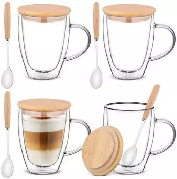 LuxusKollektion Doppelwandige Kaffeegläser 4er-Set 350ml Borosilikatglas mit Deckel und Löffel
