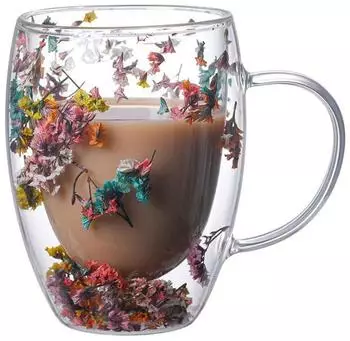 LuxusKollektion Doppelwandiges Cappuccino-Glas mit Trockenblumen, Borosilikatglas, 350ml