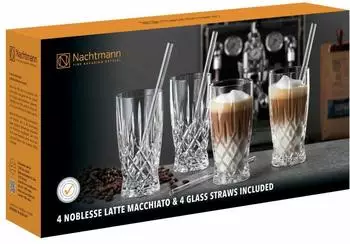Nachtmann Latta Macchiato Set4 + 4 Glastrinkhalme Noblesse, Farbe:Transparent