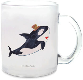 Mr. & Mrs. Panda Glas Teetasse Orca Zylinder Glitter, Meer, Teebecher, Urlaub, Konfetti, Tasse mit Henkel, Meerestiere, Feier