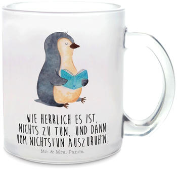 Mr. & Mrs. Panda Glas Teetasse Pinguin Buch Bücherwurm, Freizeit, Ferien, Pause, entspannen, Teebecher, Urlaub, Tasse mit Henkel