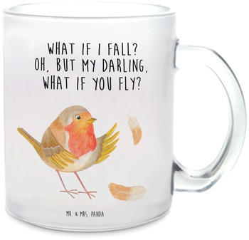 Mr. & Mrs. Panda Glas Teetasse Rotkehlchen mit Federn fliegen, Tiere, Spruch Mut, gute Laune, Vogel, Teebecher, süße Tiermotive