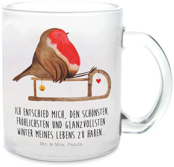 Mr. & Mrs. Panda Glas Teetasse Rotkehlchen Schlitten Wintermotiv, Weihnachtsdeko, Tasse mit Henkel, Vogel, Teebecher, Weihnachten