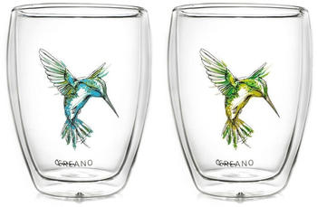Creano doppelwandige Tee-Gläser, Cappuccino-Glas, Thermoglas Hummi im Kolibri Design, 2er Set, 250 ml, blau/grün