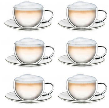 Creano Thermo-Tasse doppelwandige Tee-/Latte Macchiato Cappuccino Tasse mit Untersetzer 250ml, 6er Set