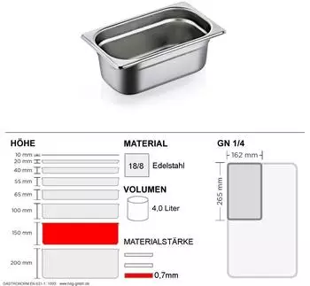 WAS Gastronormbehälter GN 1/4 Edelstahl 18/8 4l 150mm (9014150)
