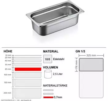 WAS Gastronormbehälter GN 1/3 Edelstahl 18/8 2,5l 65mm (9013065)