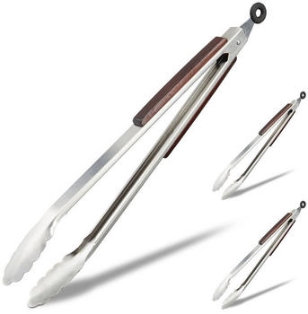 Relaxdays 3 x Grillzange Edelstahl Holzgriff rostfrei 38 cm silber