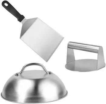 Relaxdays Smash Burger Set Burgerpresse, Spachtel & Burgerhaube, 3-teilig, Edelstahl