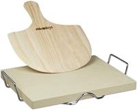 Relaxdays Pizzastein Set, 3 cm St&auml;rke, Metallhalter, Pizzaschieber, Pizzastein HBT: