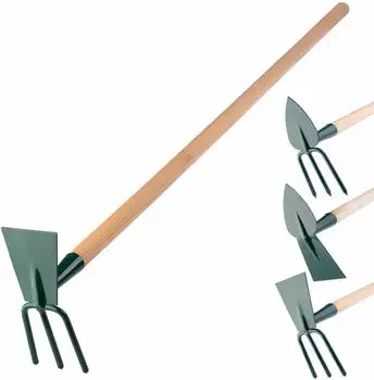 Kadax Gartenhacke doppelseitig, Rechteckklinge, 3 Zinken, Holzstiel (K1226)