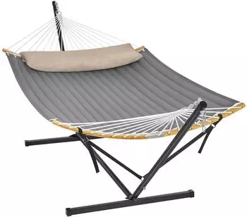 Songmics H&auml;ngematte mit Metallgestell und Kissen, 200x140cm, bis 200kg, Grau