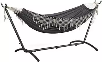 Mondeer H&auml;ngematte Boho-Stil Doppel mit Gestell, Fransen, h&ouml;henverstellbar, Grau (GLHA03GY-E1N)